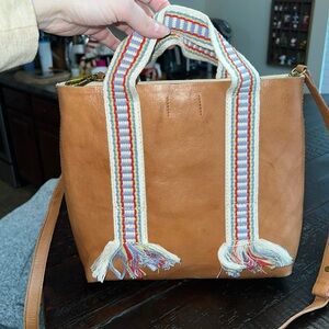 Tan Leather Tote Bag with Multicolor Straps